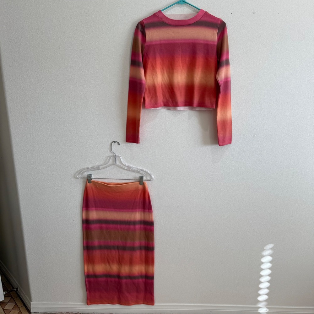 MNG Mango Pink Orange Ombre Stripe Knit Cropped Top and Midi Skirt Set Small